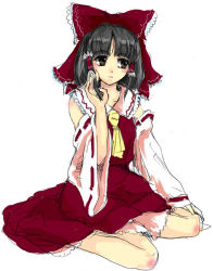 Rule 34 | 1girl, ascot, blunt bangs, bow, brown eyes, brown hair, detached sleeves, dress, female focus, full body, hair bow, hakurei reimu, imperishable night, long sleeves, nanami sano, red bow, red dress, simple background, sitting, sketch, solo, touhou, wariza, white background, wide sleeves