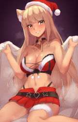 Rule 34 | 1girl, absurdres, animal ears, bare arms, bare shoulders, black choker, blonde hair, breasts, choker, christmas, fate/grand order, fate/grand order arcade, fate (series), grin, haneramu, hat, highres, large breasts, long hair, looking at viewer, microskirt, midriff, navel, pleated skirt, pom pom (clothes), red hat, red skirt, santa hat, sitting, skirt, smile, solo, stomach, strapless, suzuka gozen (fate), suzuka gozen (santa) (fate), very long hair, yellow eyes