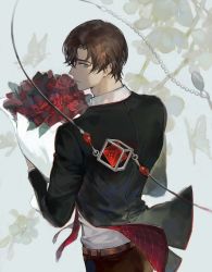 Rule 34 | 1boy, artem wing (tears of themis), belt, black jacket, black pants, blue eyes, bouquet, brown hair, closed mouth, flower, formal, highres, holding, holding bouquet, jacket, laoyepo, long sleeves, looking at viewer, looking back, pants, red flower, red rose, rose, short hair, solo, tears of themis, white background