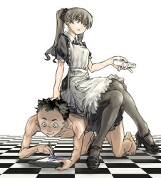 Rule 34 | 1boy, 1girl, checkered floor, clothed female nude male, drawing, femdom, floor, game console, hogeo, human chair, human furniture, maid, nude, original, pantyhose, perspective, sitting, sitting on person, tablet pc, tiles, twintails, wii