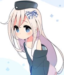 Rule 34 | 1girl, blonde hair, blue eyes, blush, bow, commentary, ears visible through hair, hair bow, hat, jacket, kantai collection, long hair, looking at viewer, one-piece swimsuit, school swimsuit, solo, swimsuit, swimsuit under clothes, u-511 (kancolle), white one-piece swimsuit, yoru nai