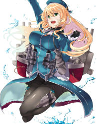 Rule 34 | 10s, 1girl, :d, arm up, atago (kancolle), black gloves, blonde hair, blue hat, breasts, female focus, gloves, green eyes, hai ookami, hat, highres, huge breasts, kantai collection, long hair, looking at viewer, military, military uniform, open mouth, pantyhose, smile, solo, uniform