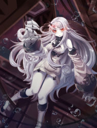 Rule 34 | 10s, 1girl, abyssal ship, bare shoulders, boots, breasts, claws, colored skin, detached sleeves, dress, female focus, glowing, glowing eyes, highres, horns, kantai collection, large breasts, long hair, looking at viewer, pale skin, red eyes, ribbed dress, ribbed sweater, seaport princess, short dress, single horn, solo, sora (dkssud6580), sweater, sweater dress, thighs, underwater, very long hair, white footwear, white hair, white skin