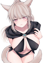 Rule 34 | 1girl, absurdres, animal ears, arm behind back, blush, breasts, cat ears, cat girl, cat tail, cleavage, clothing request, collarbone, covered erect nipples, facial mark, final fantasy, final fantasy xiv, from above, frown, highres, large breasts, light brown hair, long hair, looking at viewer, miqo&#039;te, navel, pink eyes, ponytail, revealing clothes, sana (sanamaru 0w0), sidelocks, simple background, solo, tail, warrior of light (ff14), whisker markings, white background
