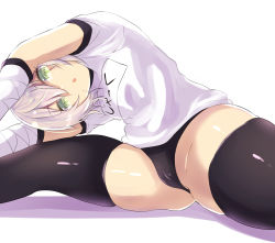 Rule 34 | 1girl, bad id, bad pixiv id, bandaged arm, bandages, black panties, black thighhighs, cameltoe, commentary request, facial scar, fate/grand order, fate (series), green eyes, gym shirt, hair between eyes, highres, jack the ripper (fate/apocrypha), leaning to the side, name tag, owafu, panties, parted lips, scar, scar across eye, scar on cheek, scar on face, shirt, short sleeves, silver hair, solo, thighhighs, underwear, white background, white shirt