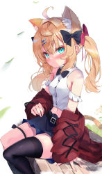 Rule 34 | 1girl, ahoge, animal ear fluff, animal ears, aqua eyes, asymmetrical legwear, bare shoulders, belt, black belt, black bow, black thighhighs, blonde hair, blouse, blue skirt, blush, bow, character request, clothing cutout, commission, crop top, extra ears, hair bow, hair ornament, hairclip, highres, long hair, looking at viewer, miniskirt, mismatched legwear, nyahu (nyahu 77), pout, red bow, shirt, shoulder cutout, simple background, sitting, skeb commission, skirt, solo, tail, thighhighs, twintails, vrchat, white shirt