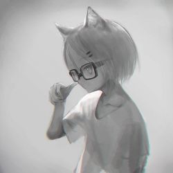 Rule 34 | 1girl, animal ears, cat ears, cat girl, closed mouth, finger to own nose, glasses, greyscale, hair between eyes, hair ornament, hairclip, monochrome, original, shirt, short hair, short sleeves, simple background, solo, t-shirt, upper body, yasushi