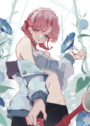 Rule 34 | 1girl, absurdres, arknights, black pants, blue eyes, blue flower, blue jacket, blue poison (arknights), blue poison (shoal beat) (arknights), braid, breasts, cowboy shot, flower, hairband, highres, holding, holding watering can, jacket, medium hair, navel, off shoulder, open clothes, open jacket, pants, pink hair, small breasts, solo, sports bra, tokorinowa, twin braids, watering can, white background, white hairband, white jacket, white sports bra, yoga pants