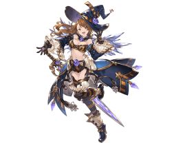 Rule 34 | 10s, 1girl, :d, bandeau, bare shoulders, beatrix (granblue fantasy), black gloves, black hat, blush, breasts, brown hair, cleavage, detached sleeves, full body, gloves, granblue fantasy, hair between eyes, halloween, halloween costume, hat, long hair, long sleeves, looking at viewer, minaba hideo, navel, official art, open mouth, orange eyes, smile, solo, striped, sword, transparent background, weapon, white background, wide sleeves, witch hat