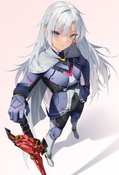 Rule 34 | 1girl, a (xenoblade), absurdres, armored bodysuit, blue eyes, cape, closed mouth, earrings, evan (pixiv7510743), full body, grey cape, grey hair, hair intakes, hand on own hip, highres, holding, holding sword, holding weapon, jewelry, long hair, looking at viewer, monado, pants, shadow, simple background, single earring, solo, standing, sword, tight clothes, tight pants, weapon, xenoblade chronicles (series), xenoblade chronicles 3, xenoblade chronicles 3: future redeemed