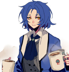 Rule 34 | 1boy, armband, ascot, blue ascot, blue hair, blue jacket, brooch, chesed (project moon), collared shirt, commentary request, cup, er hea, grey vest, highres, holding, holding cup, jacket, jewelry, lobotomy corporation, long sleeves, male focus, mug, open clothes, open jacket, project moon, shirt, short hair, simple background, sketch, smile, solo, upper body, vest, white background, white shirt, yellow eyes