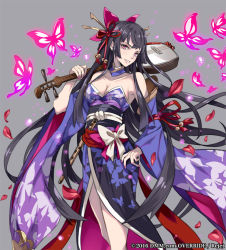 Rule 34 | 1girl, bell, black hair, black ribbon, bow, breasts, bug, butterfly, cleavage, commentary request, detached collar, detached sleeves, fingernails, flute, grey background, hair bell, hair ornament, hairpin, hand up, holding, holding instrument, icchi banketsu, insect, instrument, japanese clothes, jingle bell, kimono, large breasts, long hair, long sleeves, looking at viewer, nail polish, obi, parted lips, pink bow, pink eyes, pink nails, pokimari, purple kimono, red ribbon, ribbon, sash, simple background, smile, solo, standing, very long hair, watermark, white bow, wide sleeves