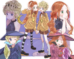 Rule 34 | 2girls, absurdres, black pajamas, black thighhighs, blonde hair, blue eyes, bow, cape, chocolat meilleure, cloud, commentary, crown, dress, earrings, full body, gloves, green eyes, hair bow, hands on own cheeks, hands on own face, hat, heart pendant, highres, holding, holding wand, jewelry, kneehighs, long hair, long sleeves, looking ahead, looking at viewer, mizu (akimidu), multiple girls, multiple views, necktie, one eye closed, orange hair, pajamas, pink cape, pink gloves, pink hat, puffy sleeves, purple cape, purple gloves, purple hat, purple sky, red bow, school uniform, shoes, short hair, sidelocks, skirt, sky, smile, socks, striped clothes, striped thighhighs, sugar sugar rune, thighhighs, turtleneck, turtleneck dress, twintails, two-tone thighhighs, v, vanilla mieux, wand, white thighhighs, witch, yellow necktie