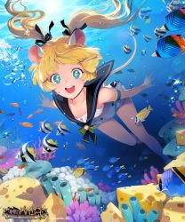 Rule 34 | 1girl, air bubble, animal ears, armband, blonde hair, blue eyes, bubble, character request, chkuyomi, commentary request, copyright name, coral, fish, hair ribbon, long hair, official art, one-piece swimsuit, open mouth, ribbon, sailor collar, shingeki no bahamut, smile, swimming, swimsuit, symbol-shaped pupils, twintails, underwater, white one-piece swimsuit