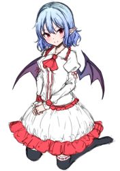 Rule 34 | 1girl, ascot, bat wings, black socks, blue hair, blush, closed mouth, frilled shirt collar, frills, full body, highres, juliet sleeves, junior27016, kneehighs, kneeling, long sleeves, looking at viewer, pointy ears, puffy sleeves, red eyes, remilia scarlet, shirt, short hair, skirt, smile, socks, solo, touhou, unfinished, v arms, white shirt, white skirt, wings