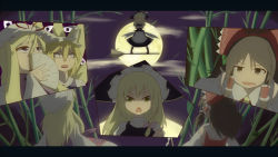 Rule 34 | 4girls, apron, bamboo, bamboo forest, blonde hair, bow, braid, broom, broom surfing, brown eyes, brown hair, constricted pupils, covering face, covering own mouth, covering privates, crossed arms, detached sleeves, fang, fangs, female focus, folding fan, forest, fox tail, full moon, hair bow, hair tubes, hakurei reimu, hand fan, hat, hat ribbon, highres, imperishable night, japanese clothes, kirisame marisa, letterboxed, long hair, miko, moon, multiple girls, multiple tails, nature, night, ribbon, short hair, single braid, tail, tenkomori (bug kura), touhou, waist apron, witch, witch hat, yakumo ran, yakumo yukari, yellow eyes