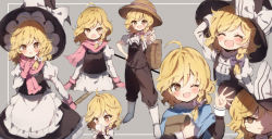 Rule 34 | alternate costume, apron, ascot, black headwear, black skirt, black vest, blonde hair, boots, bow, braid, broom, closed eyes, cup, gloves, grey background, hair bow, hat, hat bow, holding, holding broom, holding cup, juliet sleeves, kirisame marisa, long hair, long sleeves, one eye closed, open mouth, overalls, pink gloves, pink scarf, piyokichi, pointing, puffy sleeves, purple bow, scarf, shirt, short sleeves, skirt, smile, sweatdrop, touhou, vest, white ascot, white bow, white footwear, white shirt, witch hat, wrist cuffs, yellow eyes