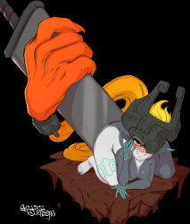 Rule 34 | 1girl, absurdres, all fours, colored sclera, colored skin, fangs, galactic-overlord, giant sword, glowing markings, grey skin, helmet, highres, long hair, looking at viewer, midna, multicolored skin, nintendo, nipples, orange hair, red eyes, signature, smile, the legend of zelda, the legend of zelda: twilight princess, two-tone skin, yellow sclera