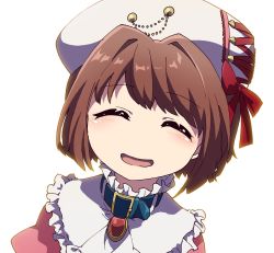 Rule 34 | 1girl, blue collar, brown hair, ciconia no naku koro ni, collar, closed eyes, frills, hat, highres, md5 mismatch, meow (ciconia), prgdmk, red ribbon, ribbon, short hair, smile, white background