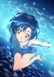 Rule 34 | 1girl, air bubble, bare arms, bare legs, barefoot, bishoujo senshi sailor moon, blue eyes, blue hair, blue theme, breasts, bubble, commentary, competition swimsuit, english commentary, full body, kaze-hime, mizuno ami, one-piece swimsuit, parted lips, short hair, small breasts, solo, swimming, swimsuit, underwater, unfinished
