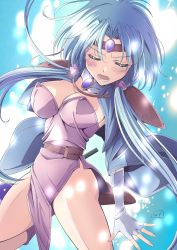 Rule 34 | 1girl, blue hair, blush, breasts, circlet, cleavage, dress, fingerless gloves, gloves, haou taikei ryuu knight, highres, large breasts, long hair, nori (norimakigumo), open mouth, paffy pafuricia, solo, twintails, very long hair