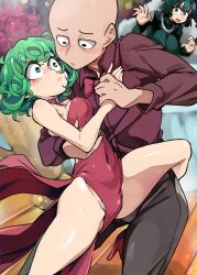 Rule 34 | 1boy, 2girls, absurdres, bald, black eyes, black pants, blush, bongfill, bow, bowtie, breasts, closed mouth, covered navel, dancing, dark green hair, dress, eye contact, fubuki (one-punch man), green eyes, green hair, highres, holding hands, jewelry, large breasts, legs, looking at another, medium breasts, multiple girls, necklace, one-punch man, open mouth, panties, pants, panty peek, party, petite, red dress, red shirt, saitama (one-punch man), shirt, tango, tatsumaki, tearing up, underwear, white panties, wide-eyed
