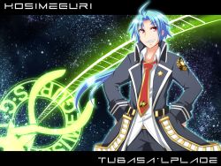 Rule 34 | 1boy, blue hair, character name, grin, hands on own hips, highres, letterboxed, long hair, male focus, minato1201, minato teisyoku, necktie, original, pixiv robot wars gaia, red eyes, smile, solo, tsubasa lplade