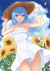 Rule 34 | 1girl, :d, alternate costume, armpits, arms up, bare arms, bare shoulders, blue eyes, blue hair, blue sky, chinese commentary, cloud, collarbone, cowboy shot, dress, dutch angle, flat chest, floating hair, flower, frills, hair between eyes, hat, highres, hololive, hoshimachi suisei, leaf, long hair, open mouth, outdoors, petals, revision, sky, smile, solo, spaghetti strap, star (symbol), star in eye, straw hat, sun hat, sundress, sunflower, sunflower petals, symbol in eye, terry (pixiv3274443), thighs, virtual youtuber, wavy hair, white dress, wind, wind lift, yellow flower