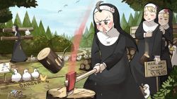 Rule 34 | 4girls, axe, bangs pinned back, bird, branch, bush, chicken, clumsy nun (diva), diva (hyxpk), drooling, dropping, duck, duckling, froggy nun (diva), habit, hat, hiding, highres, little nuns (diva), log, march, motion blur, mouth hold, multiple girls, nightcap, nose bubble, nun, outdoors, sign, sleeping, sleeping with eyes open, spicy nun (diva), star (symbol), star nun (diva), traditional nun, tree stump