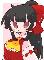 Rule 34 | 1girl, :o, ascot, black hair, bow, brown eyes, collar, detached sleeves, hair bow, hair tubes, hakurei reimu, highres, long hair, nontraditional miko, op na yarou, pink background, ponytail, red bow, red shirt, ribbon-trimmed sleeves, ribbon trim, shirt, sidelocks, simple background, sleeveless, solo, touhou, white collar, yellow ascot