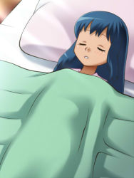 Rule 34 | 1girl, awa, bed, bed sheet, blue hair, creatures (company), dawn (pokemon), game freak, nintendo, pajamas, pokemon, pokemon (anime), sleeping