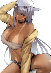 Rule 34 | 1girl, adapted costume, bandeau, bare shoulders, baseball cap, bb (fate), bb (fate) (all), bb (swimsuit mooncancer) (fate), bb (swimsuit mooncancer) (first ascension) (fate), black shorts, blush, breasts, cleavage, collar, collarbone, fate/grand order, fate (series), hat, jacket, jikihatiman, large breasts, long hair, long sleeves, looking at viewer, midriff, one eye closed, open clothes, open jacket, open mouth, purple eyes, purple hair, shorts, sitting, smile, solo, tan, tanline, thighs, very long hair, white hat, yellow jacket