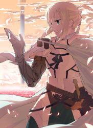Rule 34 | 1boy, armor, bedivere (fate), bedivere (fate/grand order), blonde hair, braid, cape, cloud, fate/grand order, fate (series), field, green eyes, hand on hilt, long hair, looking to the side, male focus, outdoors, ponytail, sky, sunset, tower, tsuru (clainman), weapon, white cape