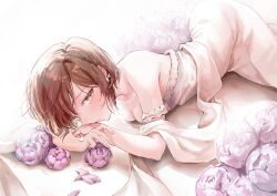 Rule 34 | 1girl, absurdres, avcadoandpotato, bow, braid, breasts, brown eyes, brown hair, cleavage, commentary, dress, expressionless, flower, hair bow, highres, looking at viewer, lying, medium breasts, on side, petals, project sekai, purple flower, shawl, shinonome ena, short hair, sidelocks, solo, symbol-only commentary, white bow, white dress, white shawl