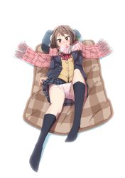 Rule 34 | 1girl, black jacket, black socks, blue skirt, blush, bow, bowtie, breasts, breath, brown eyes, brown hair, buttons, closed mouth, earmuffs, female focus, full body, futon, happy, head tilt, highres, jacket, knee up, long hair, long sleeves, looking at viewer, lying, matching hair/eyes, miniskirt, nose blush, on back, open clothes, open jacket, original, panties, panty pull, pillow, plaid, plaid scarf, plaid skirt, pleated skirt, pocket, red bow, red bowtie, red scarf, scarf, school uniform, shapoco, sidelocks, simple background, skirt, small breasts, smile, socks, solo, sweater, underwear, upskirt, white background, white panties, winter clothes, yellow sweater