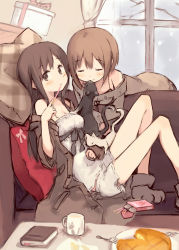 Rule 34 | 2girls, bent over, book, box, brown hair, camisole, cat, chemise, couch, cup, closed eyes, food, fork, gift, gift box, heart, heart tail, highres, kyuri, long hair, looking at viewer, mug, multiple girls, off shoulder, on couch, original, pillow, plate, pocky, short hair, sitting, sweater, tail, window