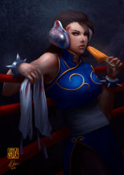 Rule 34 | 1girl, blood, blue dress, bracelet, breasts, brown eyes, brown hair, bruise, cable, capcom, china dress, chinese clothes, chun-li, chun-li (cosplay), cosplay, dress, eyeshadow, food, headphones, highres, injury, jewelry, large breasts, lips, makeup, naoxy, nose, pantyhose, pepper project, popsicle, sash, sleeveless, sleeveless dress, solo, spiked bracelet, spikes, street fighter, towel, wrestling ring