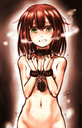 Rule 34 | 1girl, absurdres, bdsm, blush, bondage, bound, brown hair, chain, collar, cuffs, cuffs-to-collar, explosive, green eyes, grenade, handcuffs, highres, kotoba noriaki, lock, looking at viewer, nude, original, out-of-frame censoring, peril, predicament bondage, scared, short hair, slave, solo, tears, trembling