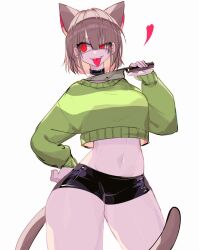 Rule 34 | 1girl, animal ears, blonde hair, breasts, brown hair, cat ears, cat girl, cat tail, chara (undertale), choker, hand on own hip, heart, holding, holding weapon, knife, large breasts, medium hair, midriff, multicolored hair, navel, short shorts, shorts, sweater, tail, thick thighs, thighs, tongue, tongue out, undertale, usa37107692, weapon, wide hips