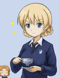 Rule 34 | &gt;:), 10s, 2girls, = =, black neckwear, blonde hair, blue background, blue eyes, blue sweater, braid, closed eyes, closed mouth, commentary, cup, darjeeling (girls und panzer), dress shirt, emblem, girls und panzer, long sleeves, looking at viewer, multiple girls, necktie, oniyan, open mouth, orange hair, orange pekoe (girls und panzer), saucer, school uniform, shirt, short hair, simple background, smile, sparkle, st. gloriana&#039;s (emblem), st. gloriana&#039;s school uniform, standing, sweater, teacup, twin braids, upper body, v-neck, v-shaped eyebrows, white shirt