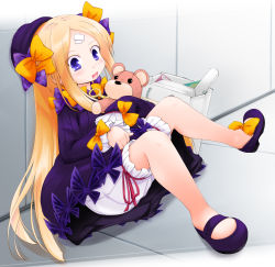 Rule 34 | 1girl, abigail williams (fate), absurdres, anbee (arary), bag, bandage on face, bandages, bangade, blonde hair, bloomers, blush, bow, dress, fate/grand order, fate (series), female focus, footwear bow, full body, hair bow, happy, hat, highres, holding, indoors, knees up, long hair, long sleeves, open mouth, orange bow, purple bow, purple dress, purple eyes, purple footwear, purple hat, shoes, sitting, smile, solo, stuffed animal, stuffed toy, teddy bear, underwear, very long hair