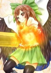Rule 34 | 1girl, arm cannon, black thighhighs, black wings, bow, brown hair, cape, female focus, fireball, hair bow, highres, long hair, looking at viewer, moe m, red eyes, reiuji utsuho, skirt, smile, solo, thighhighs, third eye, touhou, weapon, wings, zettai ryouiki