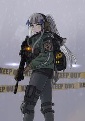 Rule 34 | 1girl, agent 416 (girls&#039; frontline), assault rifle, axe, backpack, bag, black pantyhose, black shorts, blunt bangs, brown gloves, caution tape, facial mark, girls&#039; frontline, gloves, green eyes, green jacket, gun, hair ornament, headphones, headset, hk416 (girls&#039; frontline), holding, holding gun, holding weapon, jacket, keep out, knee pads, laser pointer, long hair, long sleeves, looking at viewer, p416, pantyhose, ponytail, pouch, rifle, scope, short shorts, shorts, silver hair, solo, tab (tabkun), teardrop, thigh pouch, tom clancy&#039;s the division, weapon