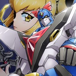 Rule 34 | 1girl, blonde hair, blue background, clenched hand, commentary, english commentary, expressionless, highres, holding, looking at viewer, mecha, mmuttonn, poptepipic, popuko, robot, science fiction, super pipimi, super robot, yellow eyes