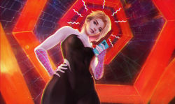 Rule 34 | 1girl, absurdres, asymmetrical hair, blonde hair, blue eyes, bodysuit, cellphone, commentary, covered navel, english commentary, eyebrow piercing, gwen stacy, hand on own hip, head tilt, highres, looking at viewer, marvel, monori rogue, paid reward available, parted lips, phone, piercing, portal (object), short hair, smartphone, smile, solo, spider-gwen, spider-man: across the spider-verse, spider-man (series), spider-verse, spider web print