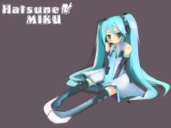Rule 34 | 1girl, adapted costume, aqua hair, black thighhighs, brown background, character name, collared dress, dress, hair between eyes, hatsune miku, head tilt, highres, kanikama, long hair, solo, thighhighs, twintails, very long hair, vocaloid, wallpaper