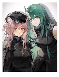 Rule 34 | 2girls, animal ear fluff, animal ears, arknights, armor, bare shoulders, black gloves, black headwear, black sweater, blush, border, breastplate, breasts, bright pupils, cape, chinese commentary, closed mouth, commentary request, crossed bangs, expressionless, gloves, gravel (arknights), green hair, grey background, grey horns, hair between eyes, hand up, hat, heads together, highres, horns, hoshiguma (arknights), jewelry, leaning, leaning to the side, long hair, long sleeves, looking at viewer, medium breasts, messy hair, military uniform, multiple girls, necklace, parted lips, pink eyes, pink hair, sia di gou, skin-covered horns, sleeveless, sleeveless sweater, smile, sweater, turtleneck, turtleneck sweater, uniform, upper body, white border, white cape, white pupils, yellow eyes