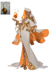 Rule 34 | 1girl, absurdres, bracelet, breasts, cleavage, collar, colored inner hair, dark-skinned female, dark skin, dress, earrings, fire, full body, hand on own hip, highres, jewelry, julian futanto, long dress, long hair, looking at viewer, medium breasts, multicolored hair, orange eyes, orange hair, orange nails, original, personification, photo-referenced, pointy ears, pyrokinesis, red lips, reference photo, simple background, solo, standing, two-tone hair, white background, white dress, white hair