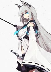 Rule 34 | 1girl, animal ear fluff, animal ears, azur lane, black gloves, blue eyes, closed mouth, feet out of frame, fox ears, gloves, highres, holding, holding sword, holding weapon, japanese clothes, katana, kawakaze (azur lane), long hair, looking at viewer, marshall k, silver hair, simple background, snowflakes, solo, standing, sword, weapon, white background