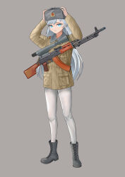 Rule 34 | 1girl, absurdres, adjusting clothes, adjusting headwear, bipod, blue eyes, blue hair, boots, brown jacket, combat boots, commentary request, cross-laced footwear, epaulettes, full body, fur collar, fur hat, grey background, grey footwear, grey hat, gun, gun sling, hammer and sickle, hands up, hat, hat ornament, highres, jacket, light blue hair, light machine gun, long hair, long sleeves, looking away, machine gun, military, military hat, military jacket, military uniform, optical sight, original, pantyhose, parted lips, pocket, red star, rpk-74, rspvo neva, simple background, single epaulette, soldier, solo, soviet, soviet army, standing, star (symbol), star hat ornament, thighhighs, uniform, ushanka, weapon, white pantyhose, white thighhighs